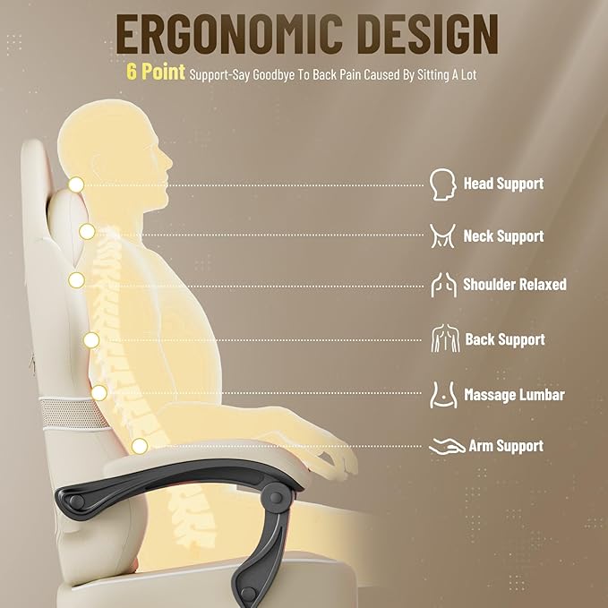 Soontrans PU Leather Gaming Chair with FootrestHigh Back Ergonomic Computer Gamer ChairComfortable Video Game Chair with Massage Lumbar Cushion Racing Reclining Office Desk Chair for AdultBeige