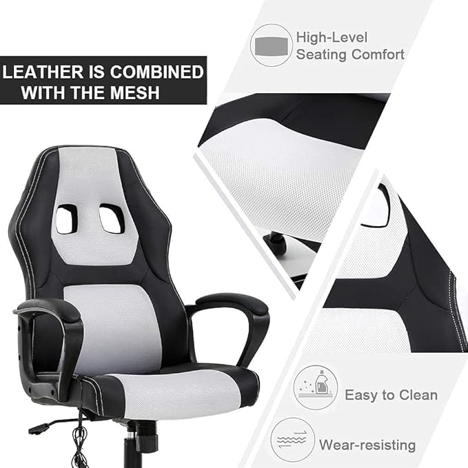 White Gaming Chair Ergonomic Video Game Chair with Massage Lumbar Support Headrest Armrest High-Back Adjustable PU Leather Rolling Swivel Computer Desk Chair for Home Office (White)