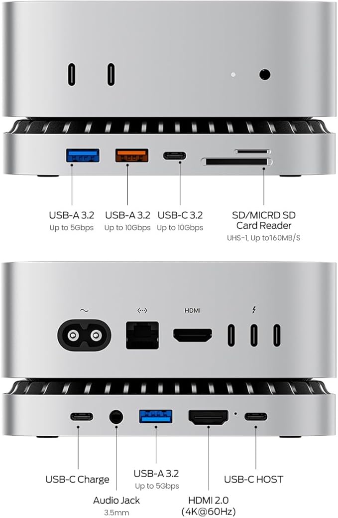 Mac mini M4 Dock Aluminum Mac mini Stand and HDMI Hub for Mac mini M4 and M4 Pro 2024 with M.2 NVMe/SATA SSD Enclosure 4K60Hz HDMI10G USB A/C 5G USB A*2 USB-C Charge SD/TF Audio