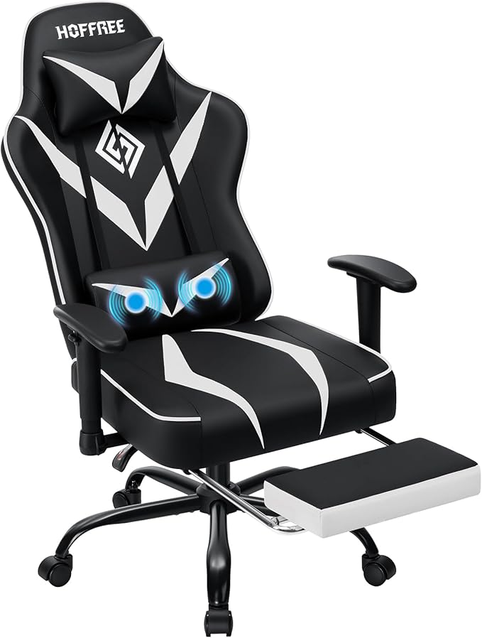 Gaming Chair with Massage Pocket Spring Cushion 155° Reclining Gaming Chair with Footrest and Adjustable Armrests Ergonomic Video Game Chairs White and Black