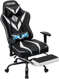 Gaming Chair with Massage Pocket Spring Cushion 155° Reclining Gaming Chair with Footrest and Adjustable Armrests Ergonomic Video Game Chairs White and Black