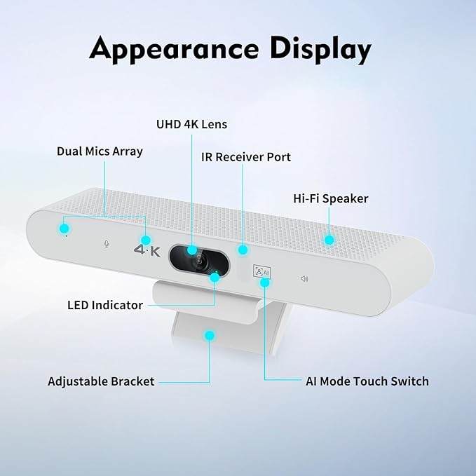 TOALLIN 4K Conference Room Webcam with Mic and Speaker AI Auto-Framing &amp Speaker-Tracking USB Video Bar All-in-One Video Conference Camera for Online Meetings Video Calls