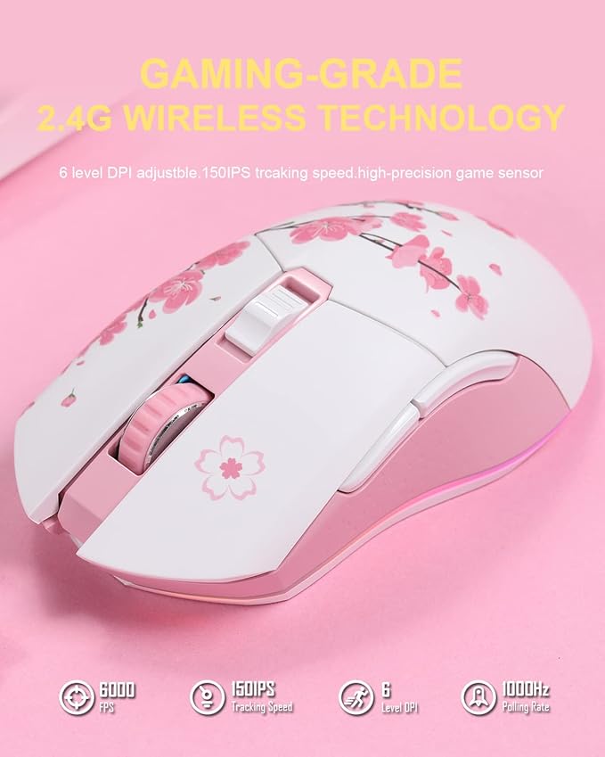 DAREU Sakura Pink Wireless Wired Gaming Mouse Dual-Mode Rechargeable 6 Programmable Buttons10K DPIRGB and 7 Adjustable DPI Levels up to [150IPS] [1000Hz Polling Rate] for PC Notebook Mac
