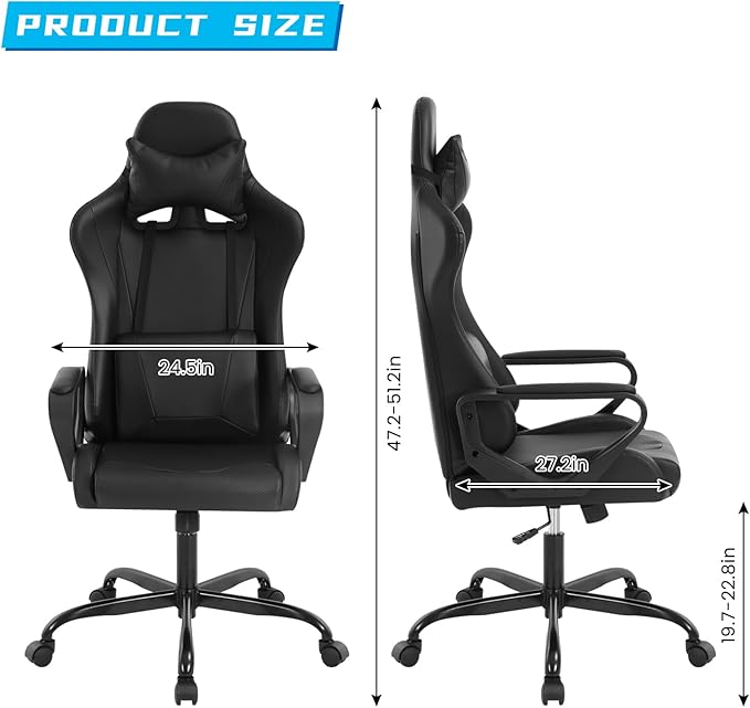 Black Gaming Chair | Ergonomic High Back Desk Chair Racing Style with Lumbar Support Headrest &amp Arms - Heavy Duty Swivel Computer Chair for Office