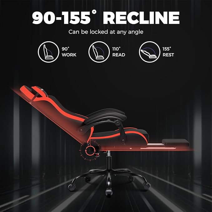 GTPLAYER Gaming Chair Ergonomic Game Computer Chairs with Foot Rest for Adults Adjustable PC Game Chair with Reclining Function and Comfortable Headrest for Home and Office Use (RED)