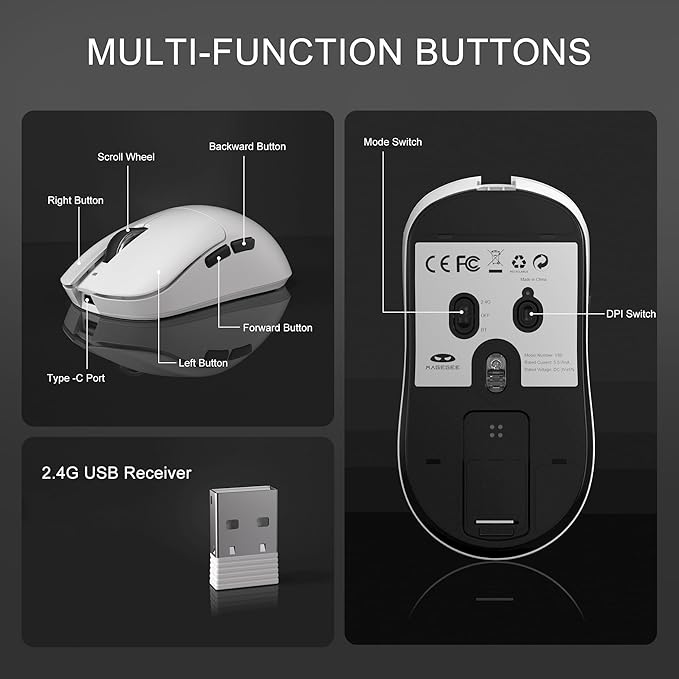 MageGee 3-Mode Wireless Mouse Ergonomic Design with Adjustable DPI USB Receiver &amp Bluetooth Compatibility Comfortable for Office and Gaming