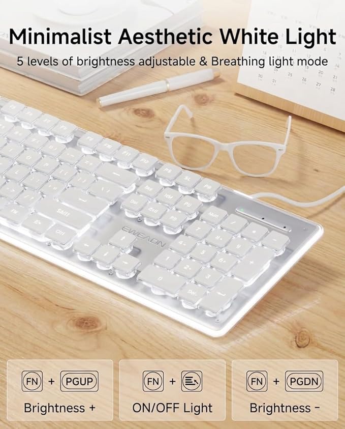 EWEADN GX710S Backlit Computer Keyboards Wired USB Keyboard with White Backlit Metal Panel Plug and Play Pudding Keycaps Full Size Quite Computer Keyboard for Win/PC/Laptop-White