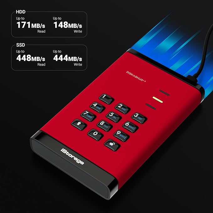 iStorage diskAshur3 SSD 512GB Red - Secure Portable Solid State Drive - Password Protected - Dust &amp Water Resistant - Hardware Encryption