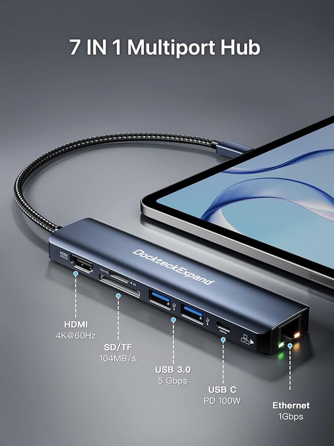 USB C Hub Ethernet DockteckExpand 7-in-1 Multiport Adapter Type C to 4K@60Hz HDMI Gigabit Ethernet 100W PD Charging 2 USB 3.0 SD/TF Card Readers for MacBook Pro/Air iPad Pro/Air XPS and More
