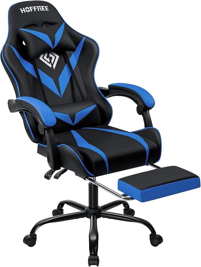 Gaming Chair with Massage Ergonomic Computer Chair with Footrest and Lumbar Support Reclining PC Game Chair for Boys with Adjustable Armrest and Headrest Blue