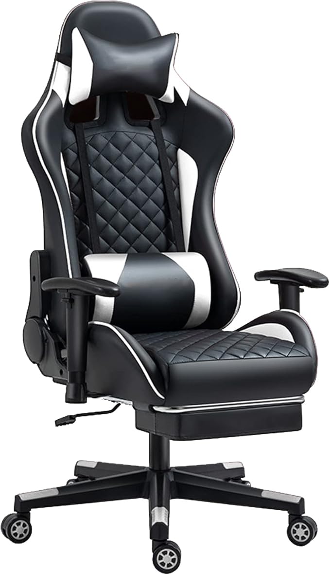 Gaming Chair with Footrest Office Racing Desk Ergonomic Chair Leather Reclining Gamer Chair Adjustable Armrest High Back Computer Chair White