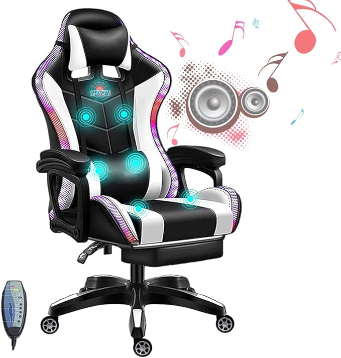 Ergonomic Gaming Chairs for Adults with Speakers and LED Lights Computer Chair with Footrest and Lumbar Support High Back Video Game Chair for Home OfficeWhite