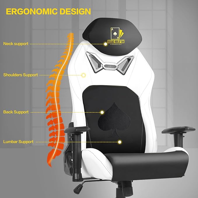 Ergonomic Video Poker Gaming Chair Recliner with Texas Hold'em Sign Swivel Chair with Poker Logo Lumbar Support Headrest Height Adjustable for Study Home Office White Black Poker 3