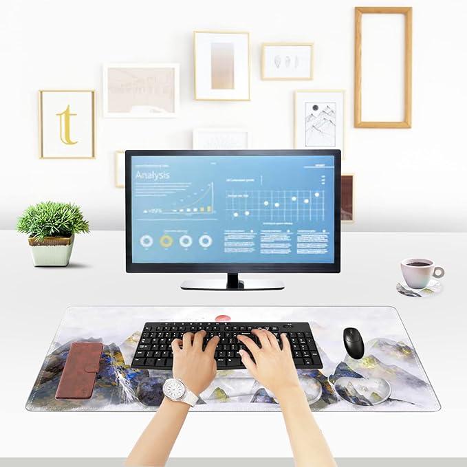 ToLuLu Extended Gaming Mouse Pad Memory Foam Ergonomic Keyboard Mouse Wrist Rest Support Set Large Desk Mat with Stitched Edges Non-Slip Base Mousepad for Home Office Game Study Ink Mountain
