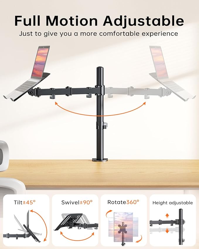 H&ampC(hcck&ampCllassp) Laptop Desk Mount for 11-17 Notebook Fully Adjustable with Tilt Swivel Rotation Extension Single Laptop Arm with Vented Tray C-clamp Black