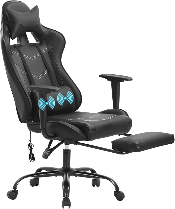 PayLessHere Racing Gaming Chair Office Massage Chair Ergonomic Recliner with Computer Desk PU Leather Lumbar Support Footrest Rolling Swivel and Task Function Ultimate Comfort for Adults (Black)