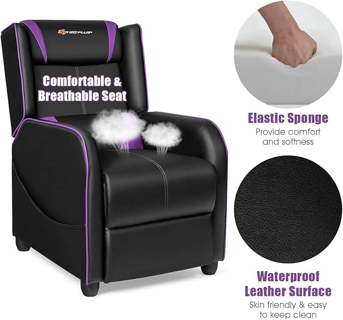 LDAILY Massage Recliner Chair Racing Style Gaming Chair w/Massage Lumbar Cushion Footrest &amp Headrest Ergonomic PU Leather Single Recliner Sofa for Living Room Home Office (Purple)