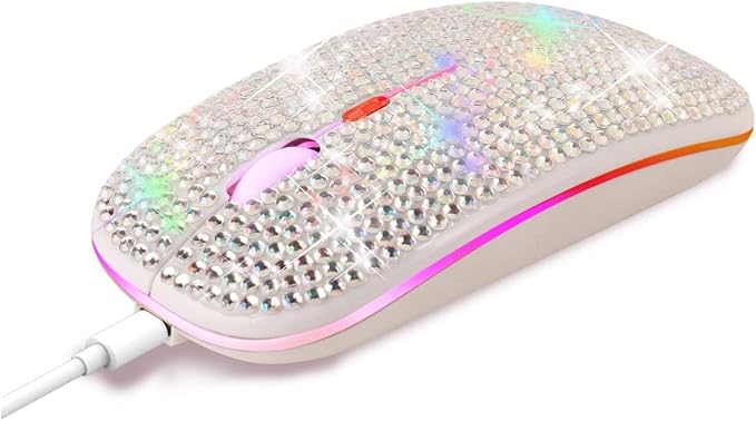 HXMJ Bling Dazzling Rechargeable 2.4GHz+5.2 Bluetooth Wireless Mouse Covered with Crystal Diamond RhinestoneRGB BacklitGreat Gift idea for Her (Silver)
