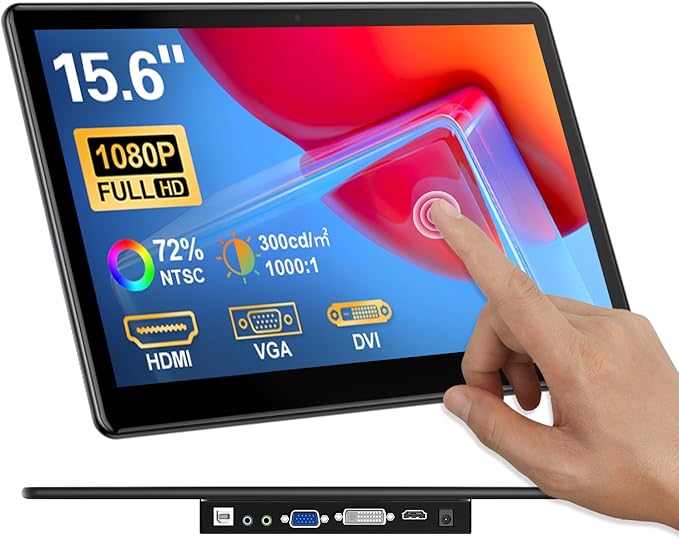 15.6 Portable Touchscreen Monitor FHD 1920×1080 IPS Ra Pi Touch Screen Monitor for Laptop HDMI VGA DVI 10-Point Touchable Display Support VESA Mount for Laptops PC Pi POS Kiosk Home Industrial