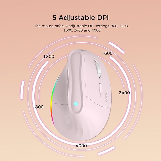 KYSONA 57° Wireless Ergonomic Mouse Vertical Mouse Carpal Tunnel Mouse RGB Light Rechargeable Bluetooth &amp 2.4G 5-Level DPI Adjustment Quiet Click Ergo Mice Compatible with PC/Laptop/Mac Pi