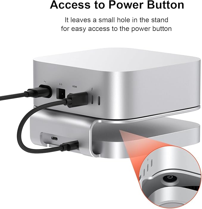 Qwiizlab Aluminum Stand Hub with SSD Enclosure Docking Station for Mac mini M4/M4 Pro 2 USB-A 10Gbps TF/SD 4.0 Card Readers 312MB/s HDMI 4K 60Hz USB-A 2.0 Fits M.2 NVMe SSD up to 8TB (Silver)