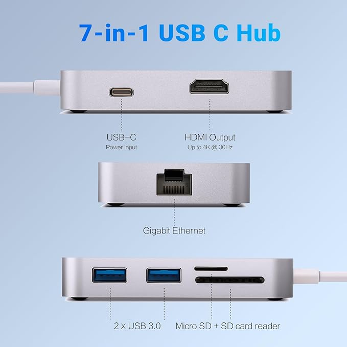 MINIX USB C Adapter 7 in 1 USB C Hub with 4K 60Hz HDMIGigabit Ethernet 2 USB 3.0 100W PD Charging SD/TF Card Reader Compatible with MacBook Pro/Air iPad Air/Pro iMac Laptop PC Grey