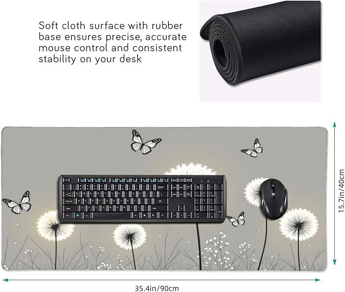 Butterfly Dandelion Floral Mouse PadDesk MatLarge Waterproof Non-Slip Rubber Mousepad with Stitched Edges Office Home Computer Desk Accessories35.4X15.7