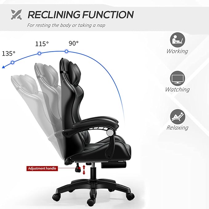 RGB Gaming Chair with Massage and Footrest Ergonomic Big and Tall Office Chair Computer Chair Video Game Chair with Speakers High Back Recliner Swivel Chair with Lumbar PillowWhite