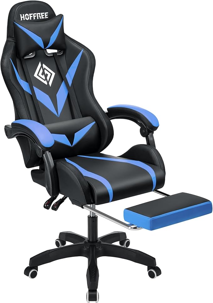 HOFFREE Gaming Chair Massage with Bluetooth Speakers and Led Lights Ergonomic Computer Gaming Chair with Footrest RGB Video Game Chair with High Back Lumbar Support Blue and Black