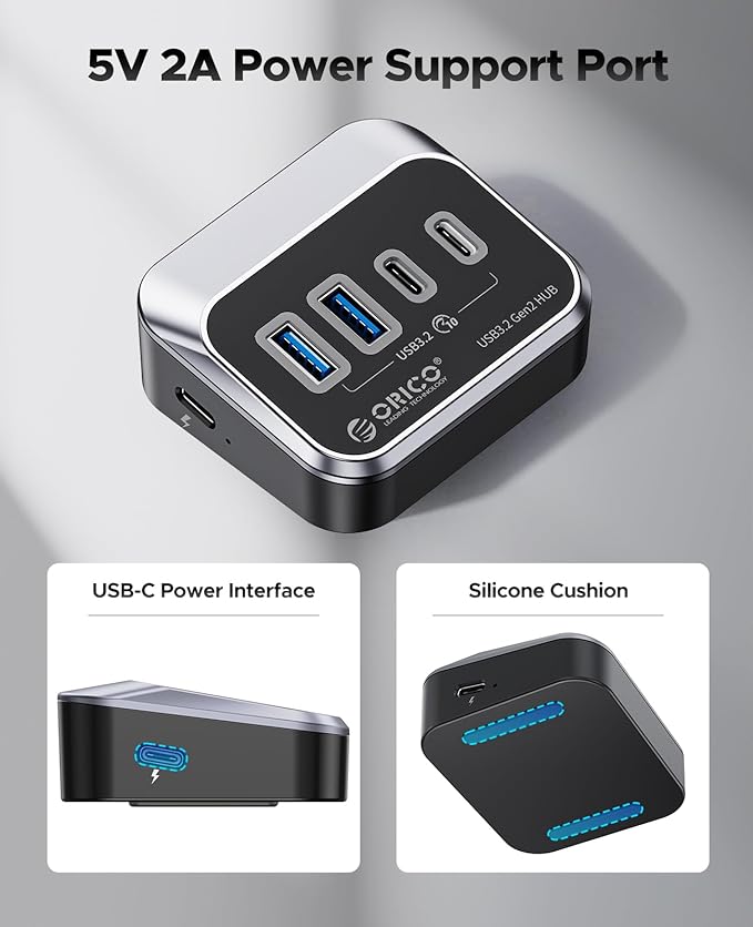 ORICO USB Hub 10Gbps with 2 USB A Ports+2 USB C Ports USB 3.2 Gen 2 Hub with 3.28Ft USB-C-A/C Cable USB Splitter for iMac MacBooks Mac mini