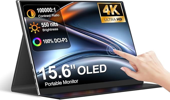 Portable Monitor Touchscreen 15.6 4K UHD 3840X2160 100000:1 OLED 10-Point Touch Screen Laptop Monitor with Protective Case HDMI USB C Travel Monitor for Phones PS5/4 Xbox Switch