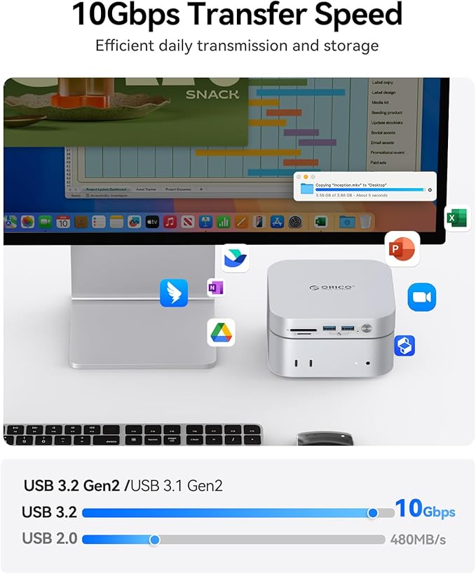 ORICO USB Hub Compatibility with Mac mini M4 9-in-1 Aluminum Dock with SSD Enclosure for NVME/SATA M.2 USB A 10Gbps 3.0 SD/TF Card Readers 3.5mm Audio Jack