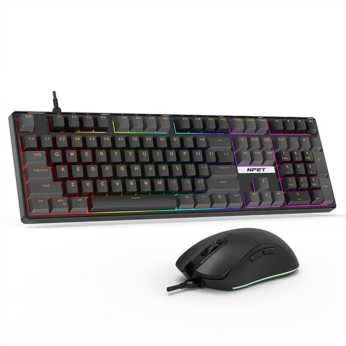 NPET CR108 RGB Gaming Keyboard and Mouse Combo 108 Keys Swappable Custom Wired Mechanical Keyboard Linear Red Switches Adjustable Gaming Mouse for PC Mac Xbox Gamer (108 Keys Black Grey)