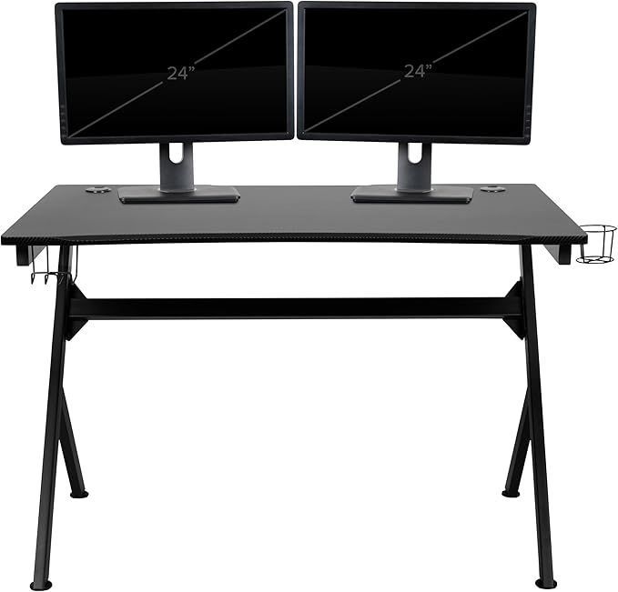 Flash Furniture Optis Black Gaming Desk and Red/Black Footrest Reclining Gaming Chair Set with Cup Holder Headphone Hook &amp 2 Wire Management Holes
