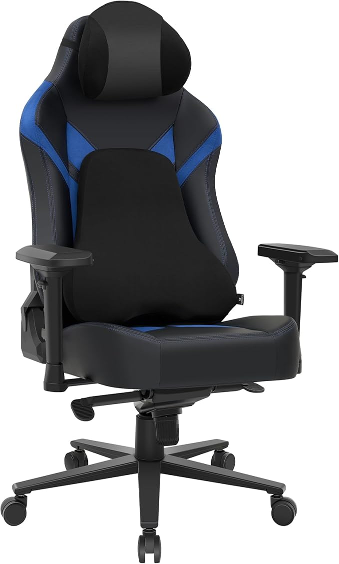 Ergonomic Gaming Chair Computer Desk Chairs 4D Armrests High Back Office Chair with Headrest &amp Lumbar Pillow Tilt Rocker Recliner Heavy-Duty Base Black PU Leather &amp Blue Suede Combo