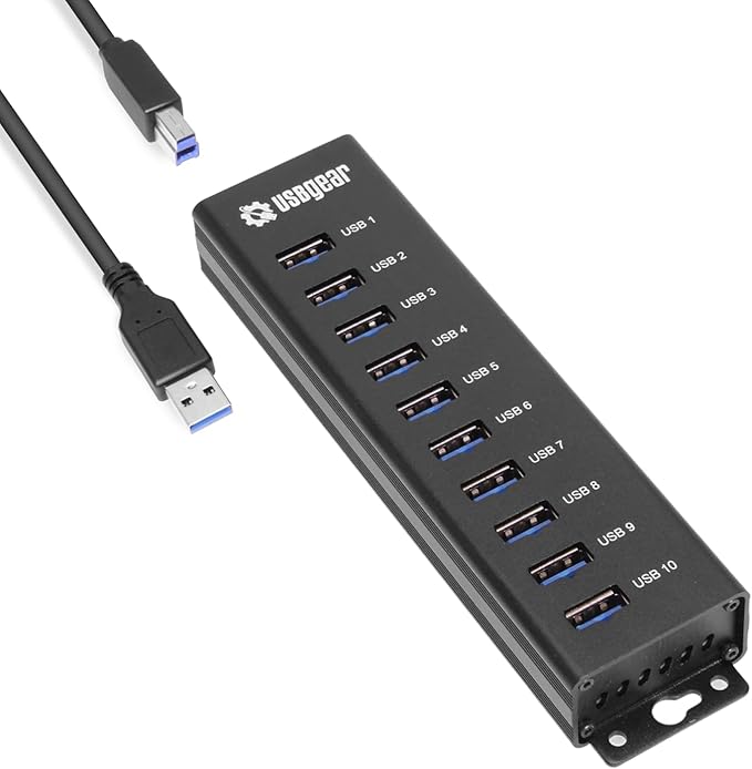 USBGear 10-Port USB Hub 3.2 Gen 1 – Mountable SuperSpeed Data Hub with USB Ports for Laptop PC Desktop and More 5V/4A Power Adapter with Type-A to Type-B Cable (3ft) Computer Accessories