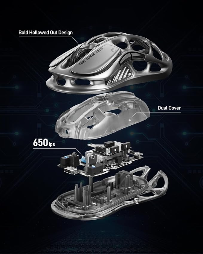 GravaStar Mercury M2 Wireless Gaming Mouse with 26000 DPI PAW3395DM Sensor -79g Lightweight Hollowed-Out Design -5 Programmable Buttons -5 Dynamic Lightsync RGB