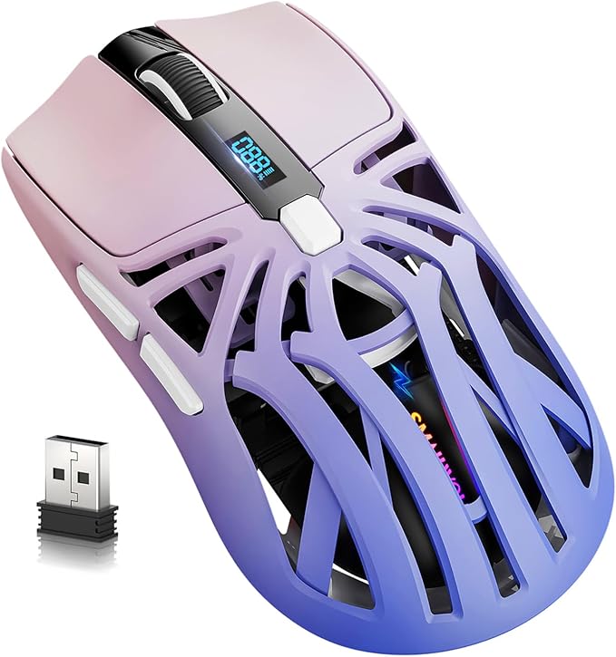 Wireless Gaming Mouse 10000 DPI Tri-Mode 2.4GHz/Bluetooth/Wired Mouse 6 Buttons Digital Display Silent Mice Rechargeable Customizable Macro and RGB Backlight for PC/Mac/Laptop (Purple)