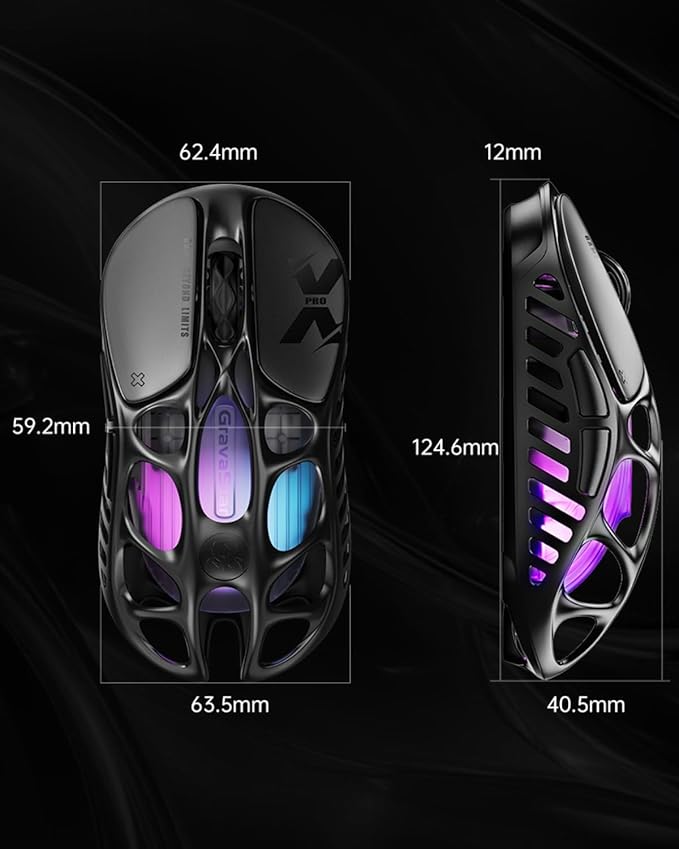 GravaStar Mercury X Pro Wireless Gaming Mouse Come with 8K Dongle – 32000 DPI PAW 3950 Sensor 8000Hz Polling Rate Only 49g Magnesium Alloy Hollow Frame RGB Lighting 5 Programmable Buttons