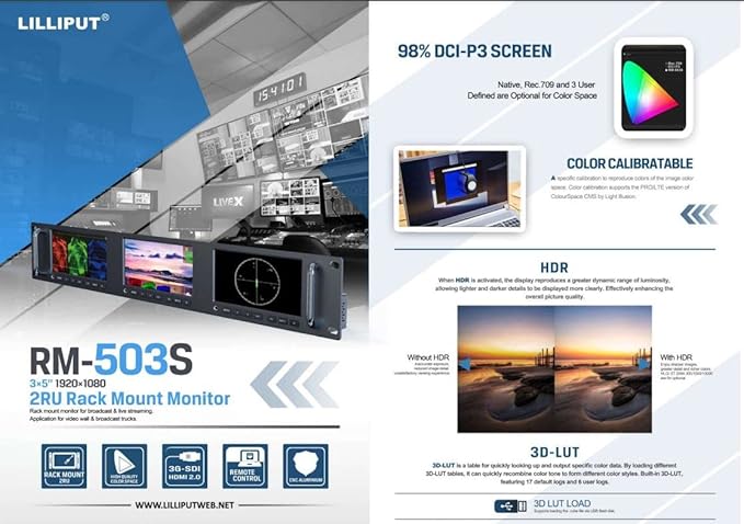LILLIPUT RM-503S 3 X 5 inch Full HD 2RU Rack Mount Monitor 1920x1080 HDMI 2.0 3G-SDI Input and Output with Waveform and Vector Functions