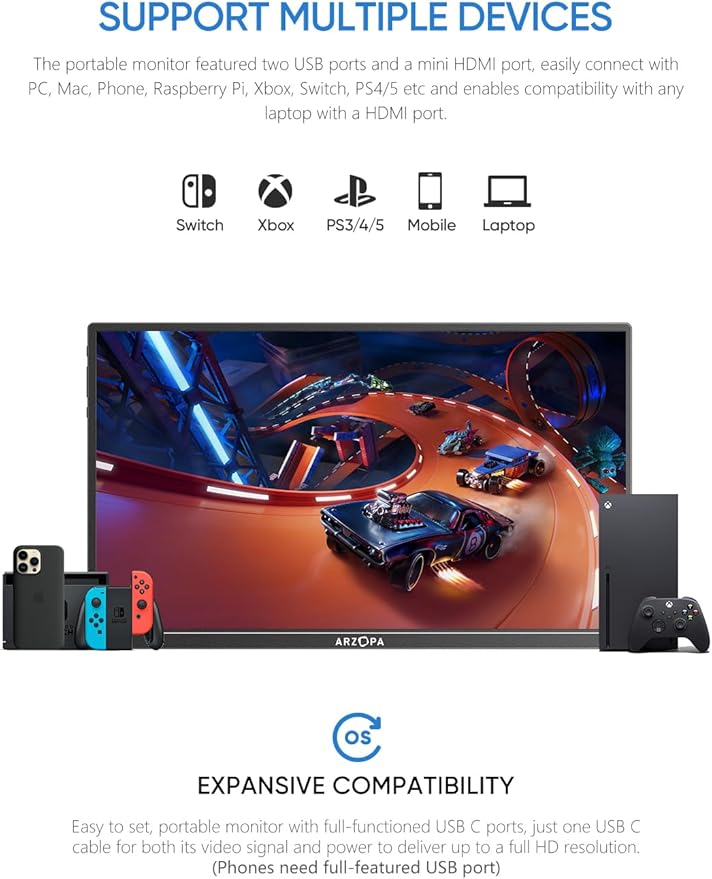 ARZOPA Portable Monitor Kickstand 14.0 Ultra Slim Portable Laptop Monitor FHD 1080P External Display with Dual Speakers Second Screen for Laptop PC Phone Xbox PS4/5 Switch-A1S