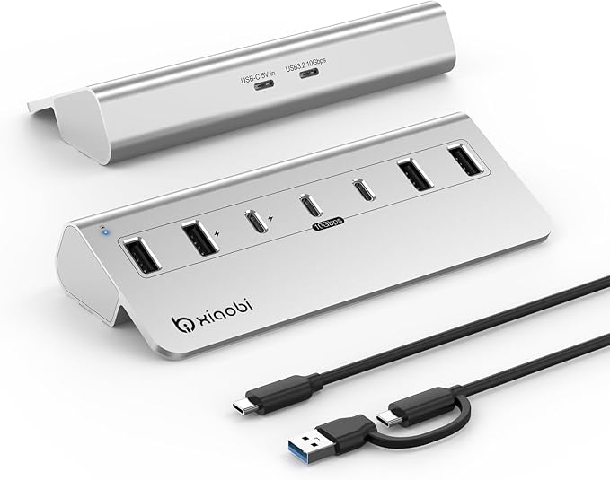 USB C HubPowered USB Hub with 5V 3A Power Adapter 10Gbps USB Splitter with 4 USB-A and 3 USB-C Ports 7-Port Type C Multiport Adapter for MacBook Air/Pro iPhone 16/15 Laptop and More(Silver)