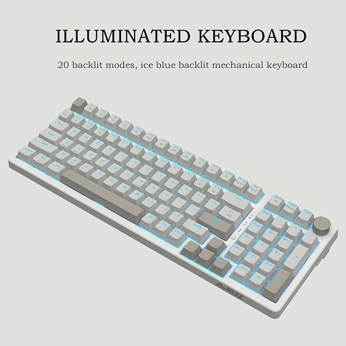 FIRSTBLOOD ONLY GAME. AK992 Retro Wired Mechanical Keyboard 98 Keys Full Layout Hot-Swappable USB Gaming Keyboard with Red Switches Multimedia Keys Knob Blue Backlit Anti-Ghosting Grey