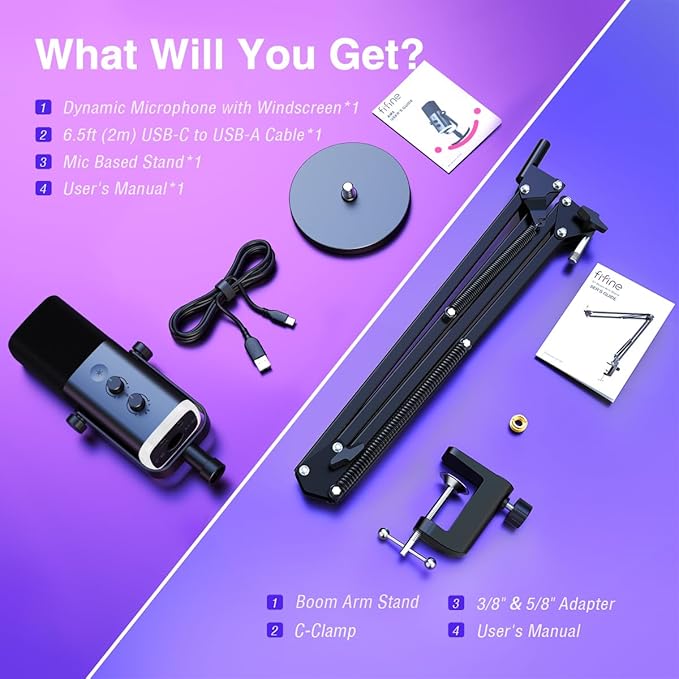FIFINE Dynamic Gaming Mic and Microphone Arm Stand Kit PC Computer Streaming Mic with RGB Light Mute Button Suspension Scissor Boom Stand Bundle for Recording Podcast Voice-Over (AM8+CS1)