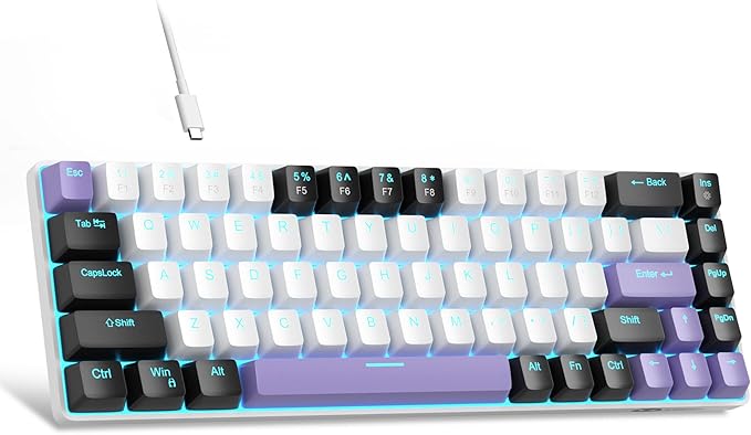 MageGee Portable 60% Mechanical Gaming Keyboard MK-Box LED Backlit Compact 68 Keys Mini Wired Office Keyboard with Red Switch for Windows Laptop PC Mac - White/Purple