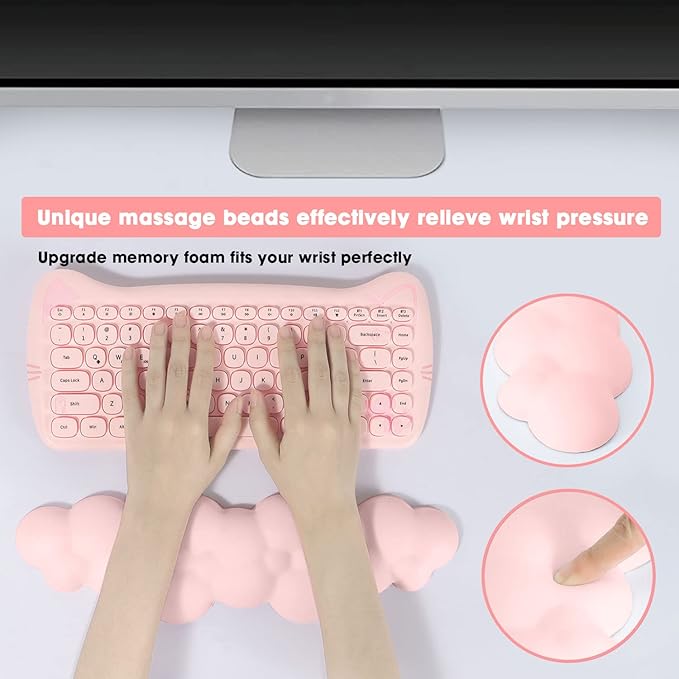 ATTACK SHARK Cloud Mouse Pad Wrist Support and Keyboard Wrist RestErgonomic Design for Typing Pain ReliefMemory Foam Wrist Rest Leather Cup CoasterLightweight Desk Gel Hand Wrist Rests(Pink)