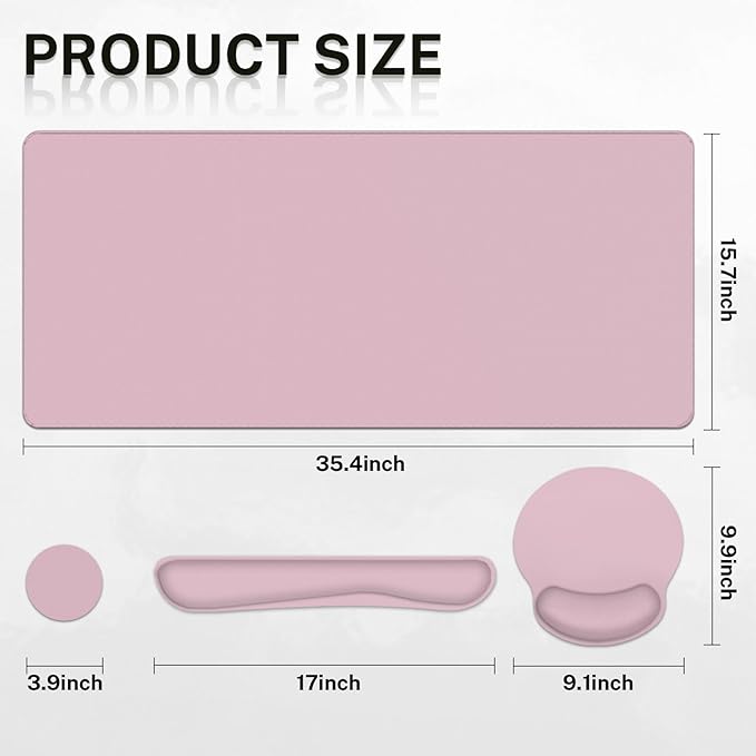 Britimes Pink Keyboard Mouse Pad Set Pink 4 in1 Large Mousepad+Keyboard Wrist Rest+Mouse Wrist Rest+Coaster Ergonomic Design for Home Office Computer 35.4x15.7Inches