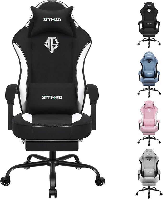 SITMOD Breathable Fabric Gaming Chair 350lbs Heavy Duty Computer Office Chair with Pocket Spring Cushion Wide Seat Ergonomic Gamer Chair with Footrest for Big and Tall Reclining High White