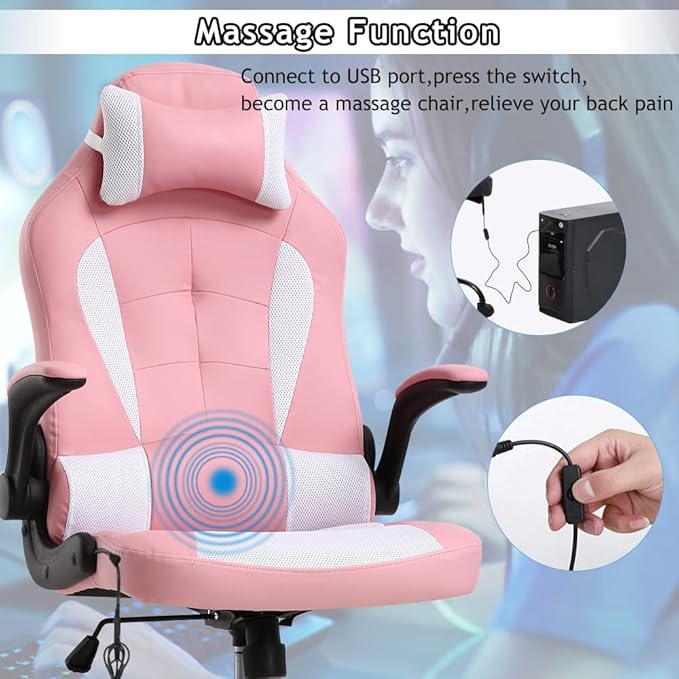 Ergonomic Gaming Office Chair - High Back Executive Computer Chair with Lumbar Support &amp Flip-Up Arms PU Leather Adjustable Swivel Chair for Women/Men Height Adjustable Massage Desk Chair (Pink)