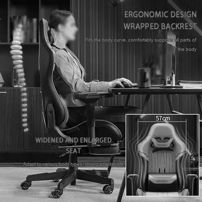 Gaming Chair with Footrest Ergonomic Wrapping Comfortable Gamer Chair Home Lift Rotate Reclining Racing Chair Load Bearing 200kg/440.9lbs (Color : Black Size : 122-133 * 40.5cm)